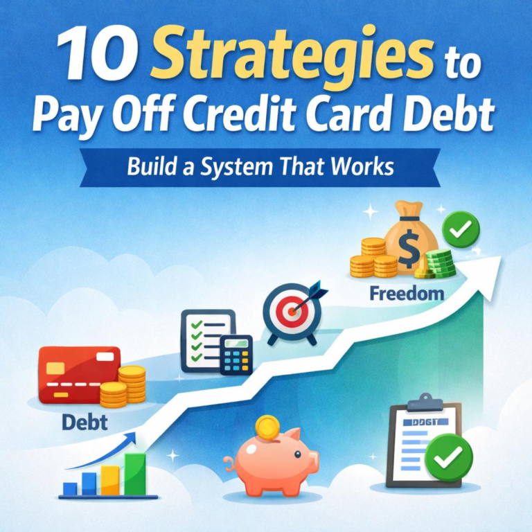 Infographic showing 10 strategies to pay off credit card debt with a step-by-step system and upward financial progress toward debt freedom