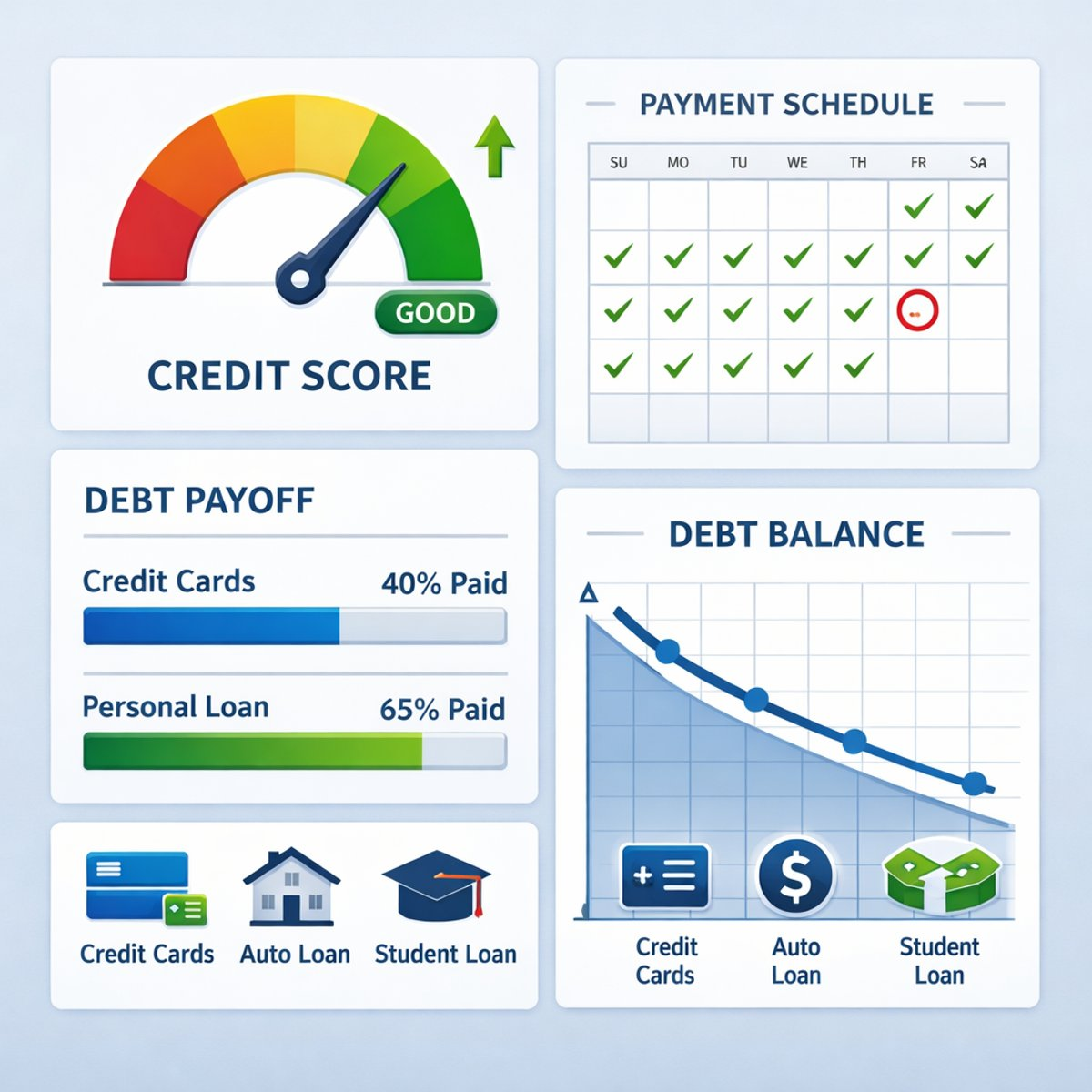 Financial dashboard showing credit score improvement, debt payoff progress, and structured credit and debt management system