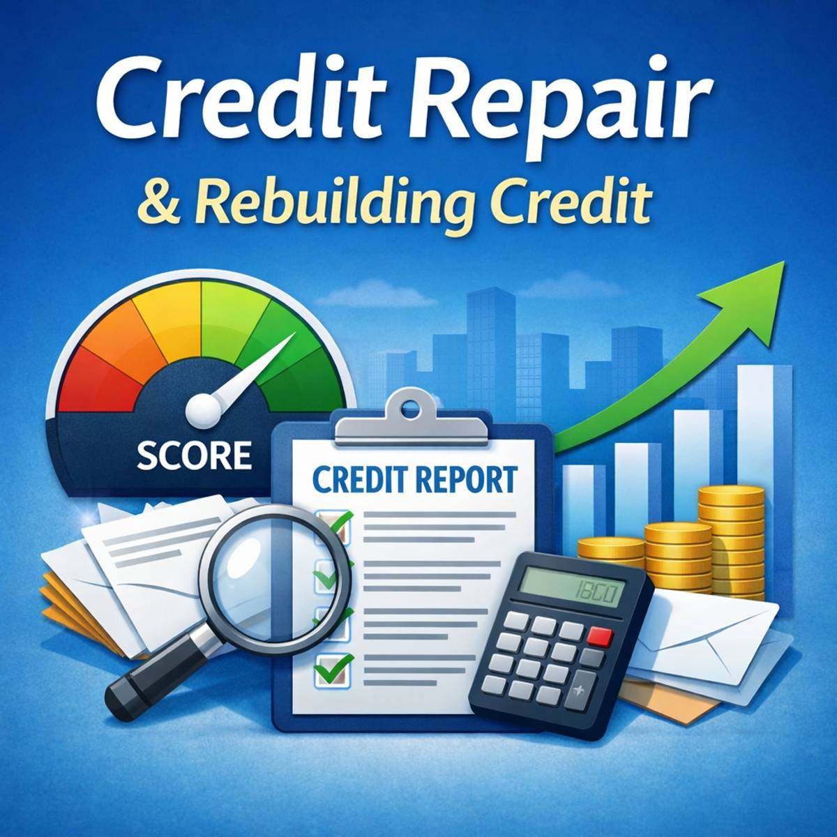 Credit repair illustration showing credit report, score gauge, and financial tools used to improve and rebuild credit