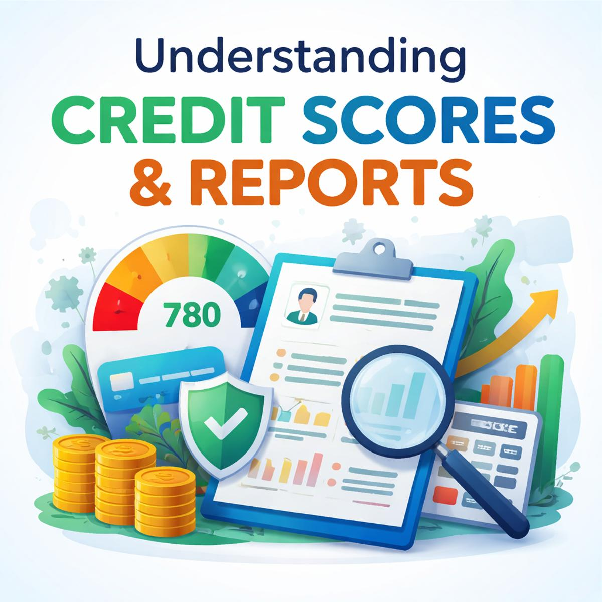 Illustration of a credit score dashboard with a 780 score, credit report, and financial icons representing credit monitoring and improvement