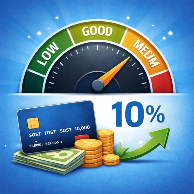 Credit utilization ratio gauge showing low to high credit usage with 10 percent optimal level indicator