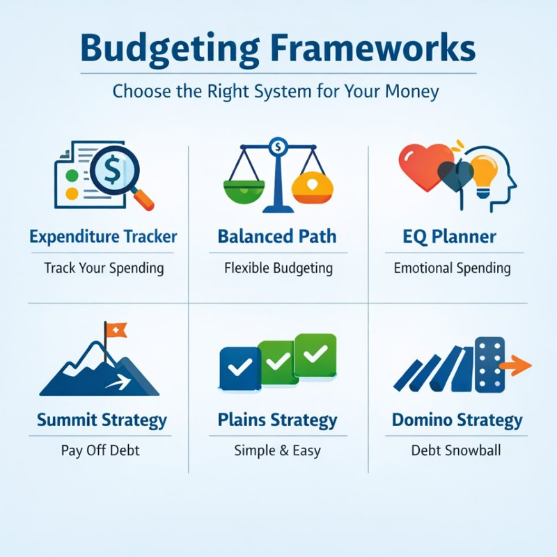 Comparison of budgeting frameworks including tracking, flexible budgeting, emotional spending, and debt payoff strategies