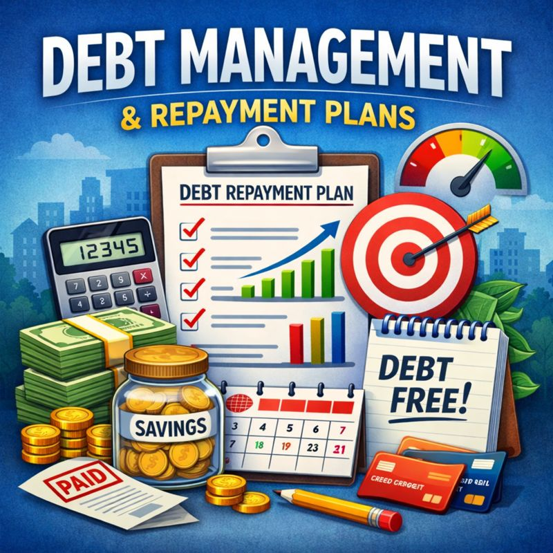 Debt repayment plan illustration showing budgeting tools, savings, and progress toward becoming debt free