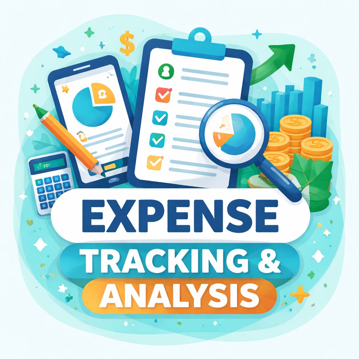 Illustration of expense tracking and analysis with charts, checklist, calculator, and financial growth symbols representing budgeting and money management
