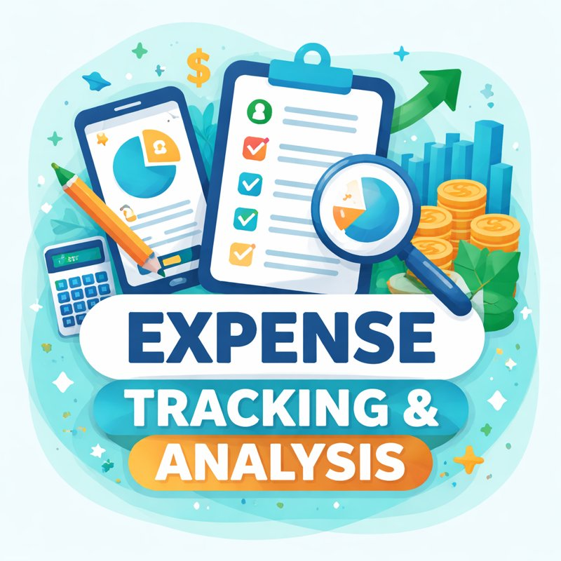 Simple visual of expense tracking system with charts and checklist showing how to organize and analyze spending