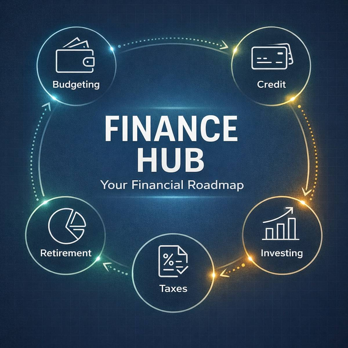 Finance Hub roadmap showing budgeting, credit, investing, taxes, and retirement connected in a structured financial planning path