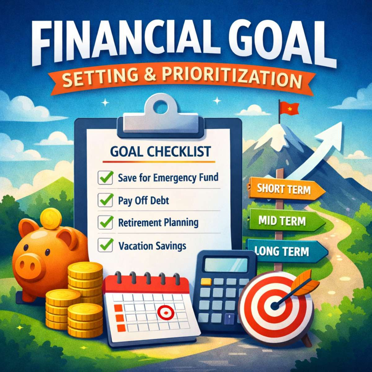 Illustration of financial goal setting and prioritization with checklist, savings icons, and short-, mid-, and long-term goals leading toward financial success