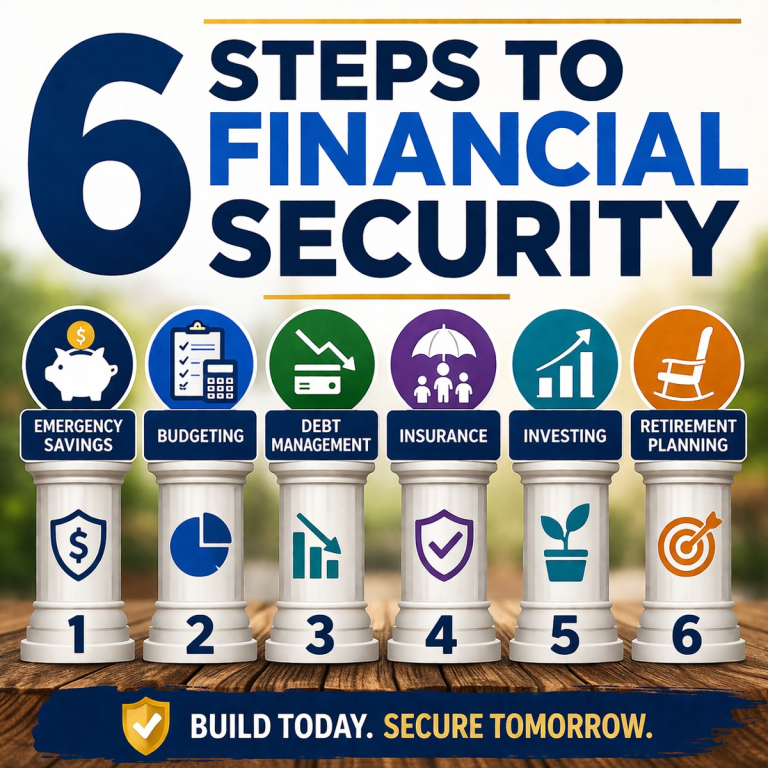 6 steps to financial security infographic showing emergency savings, budgeting, debt management, insurance, investing, and retirement planning