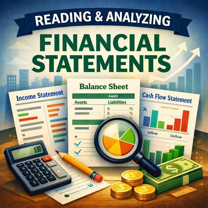 Simplified illustration of income statement, balance sheet, and cash flow statement with charts and financial tools