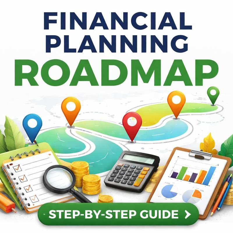 Financial planning roadmap illustration showing step-by-step guide with budgeting tools, calculator, charts, and investment concepts