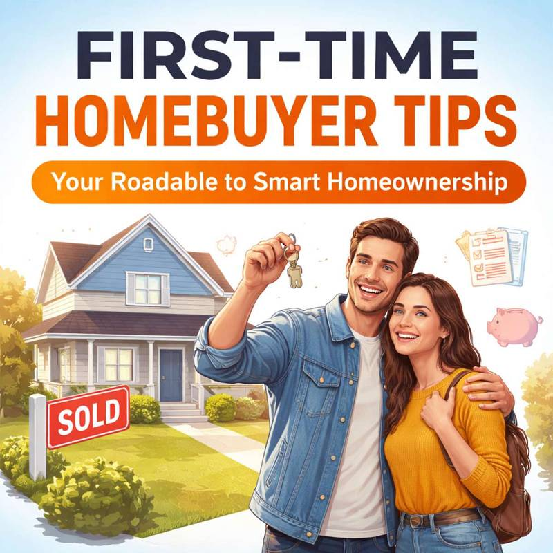 First-time homebuyer couple holding keys in front of new house with sold sign, representing mortgage planning and homeownership success