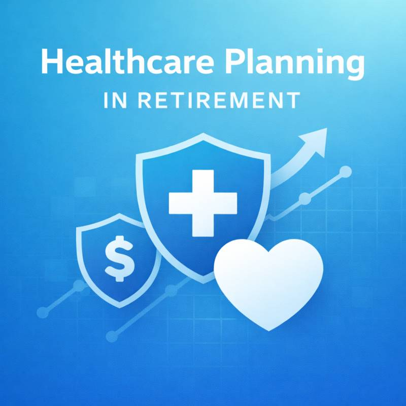 Healthcare planning in retirement graphic showing medical shield, dollar symbol, heart icon, and growth chart with text on blue background