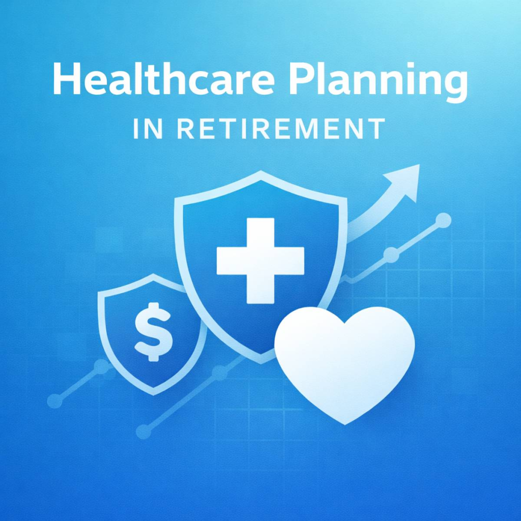 Healthcare planning in retirement illustration with text, featuring medical shield, heart icon, dollar symbol, and growth chart on a blue background