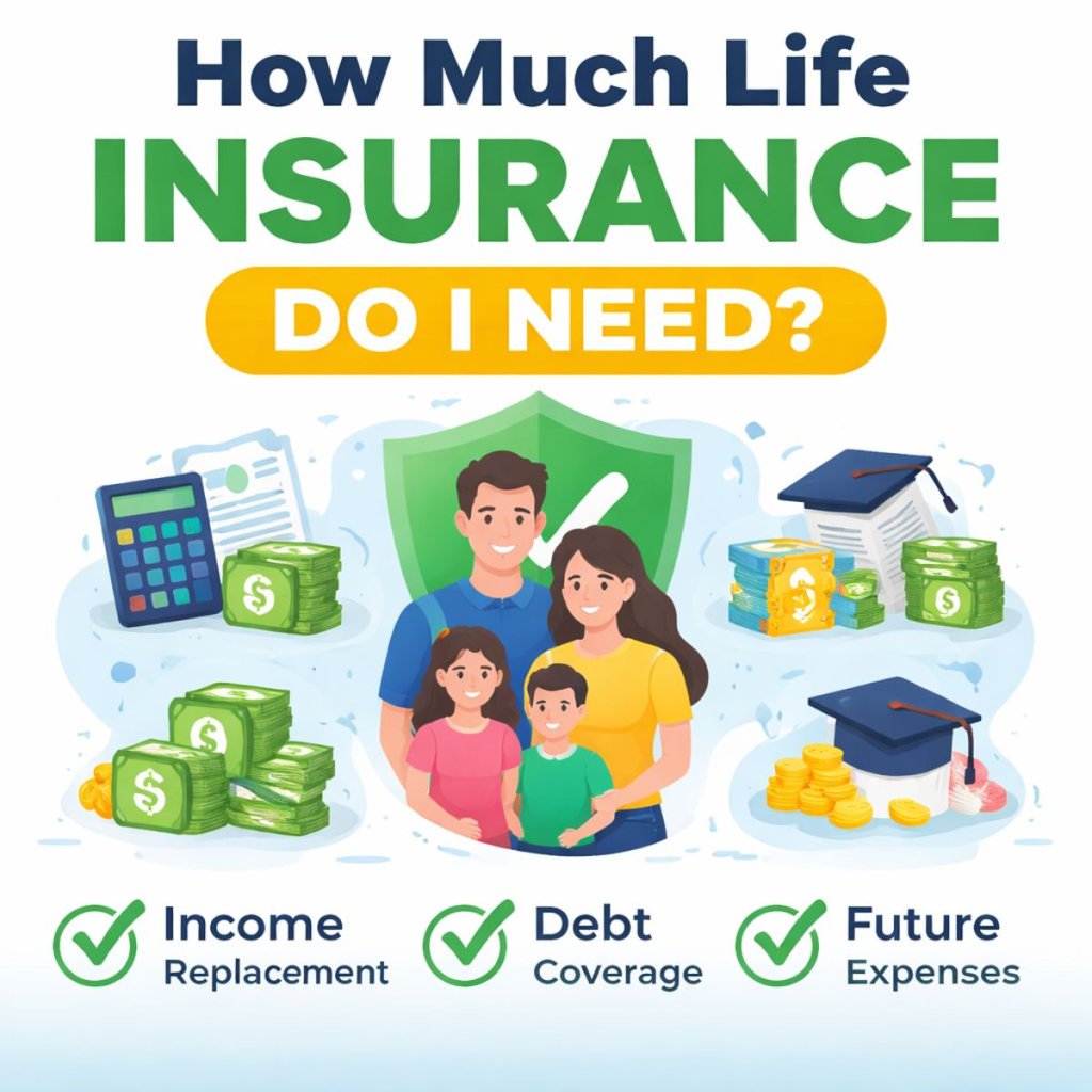 Infographic showing how much life insurance is needed with a family, financial icons, and key factors like income replacement, debt coverage, and future expenses
