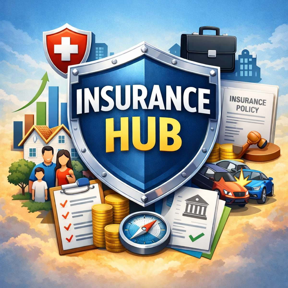 Insurance hub illustration with shield and icons representing life, health, property, and liability coverage