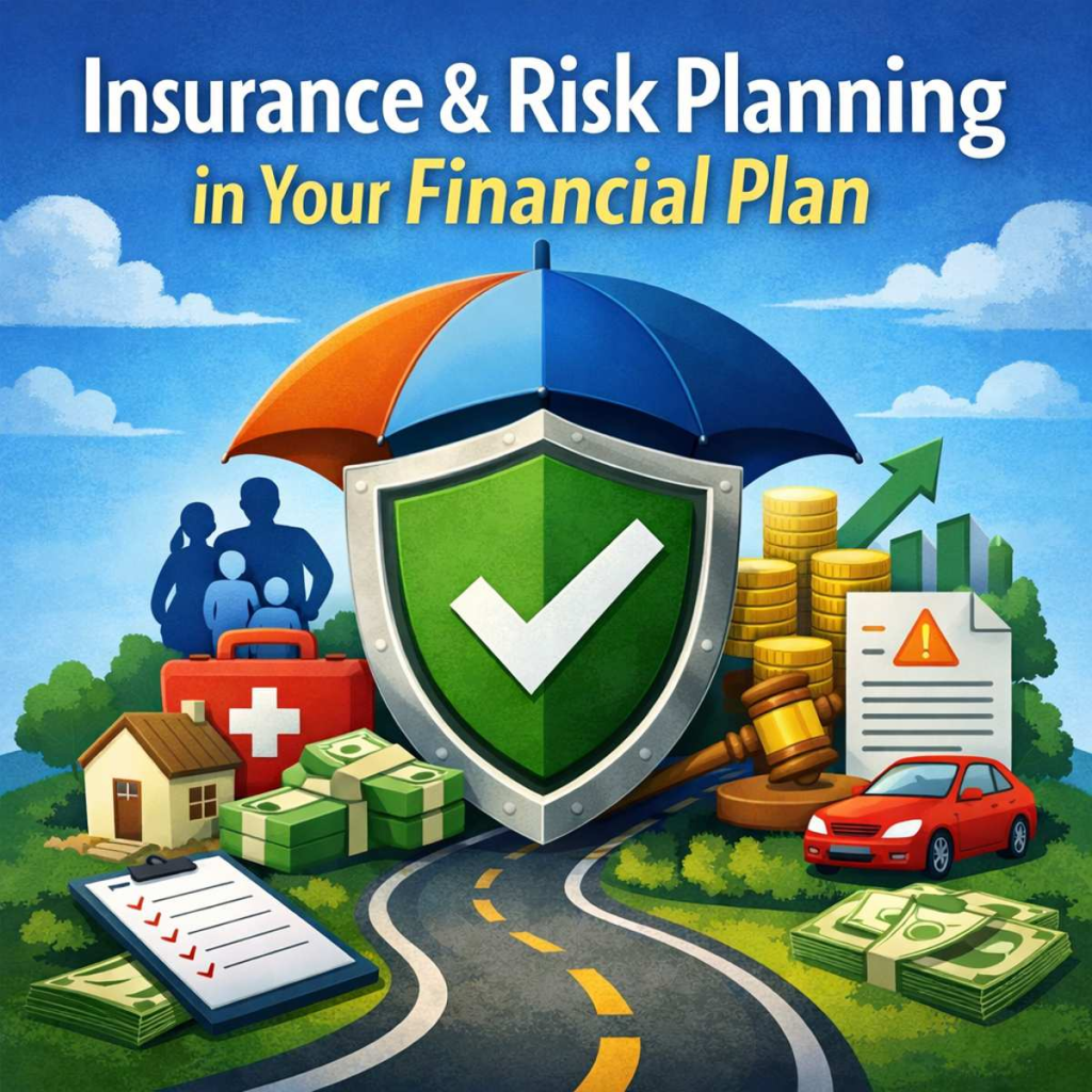 Illustration of insurance and risk planning showing a protective shield, family, money, and financial symbols representing financial security and protection
