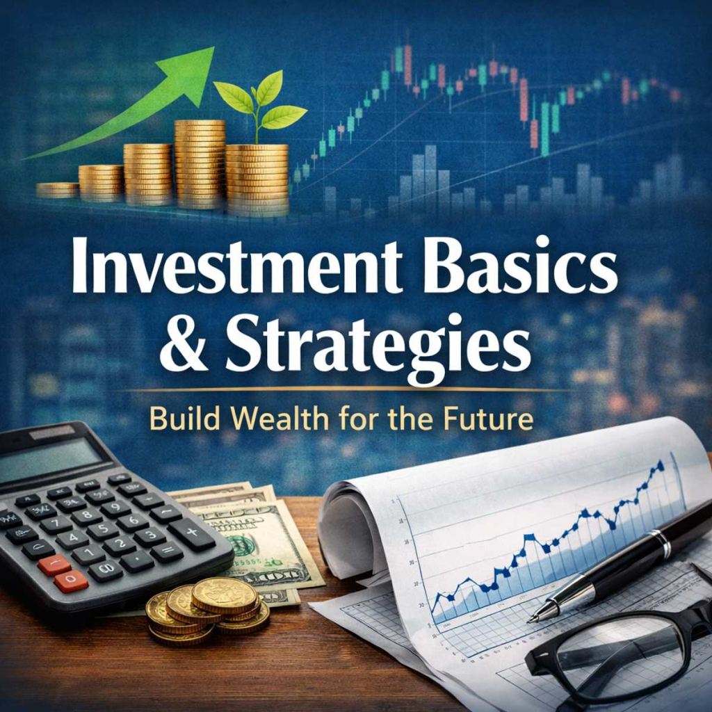 Illustration of investment growth with coins, upward arrow, financial charts, and tools representing investment basics and wealth building strategies