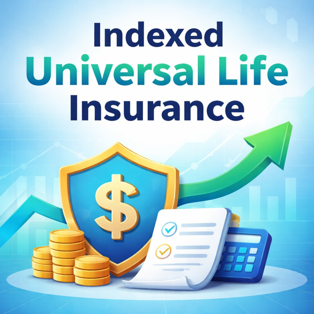 Illustration of Indexed Universal Life insurance showing financial growth, protection shield, and upward trend representing cash value growth and policy benefits