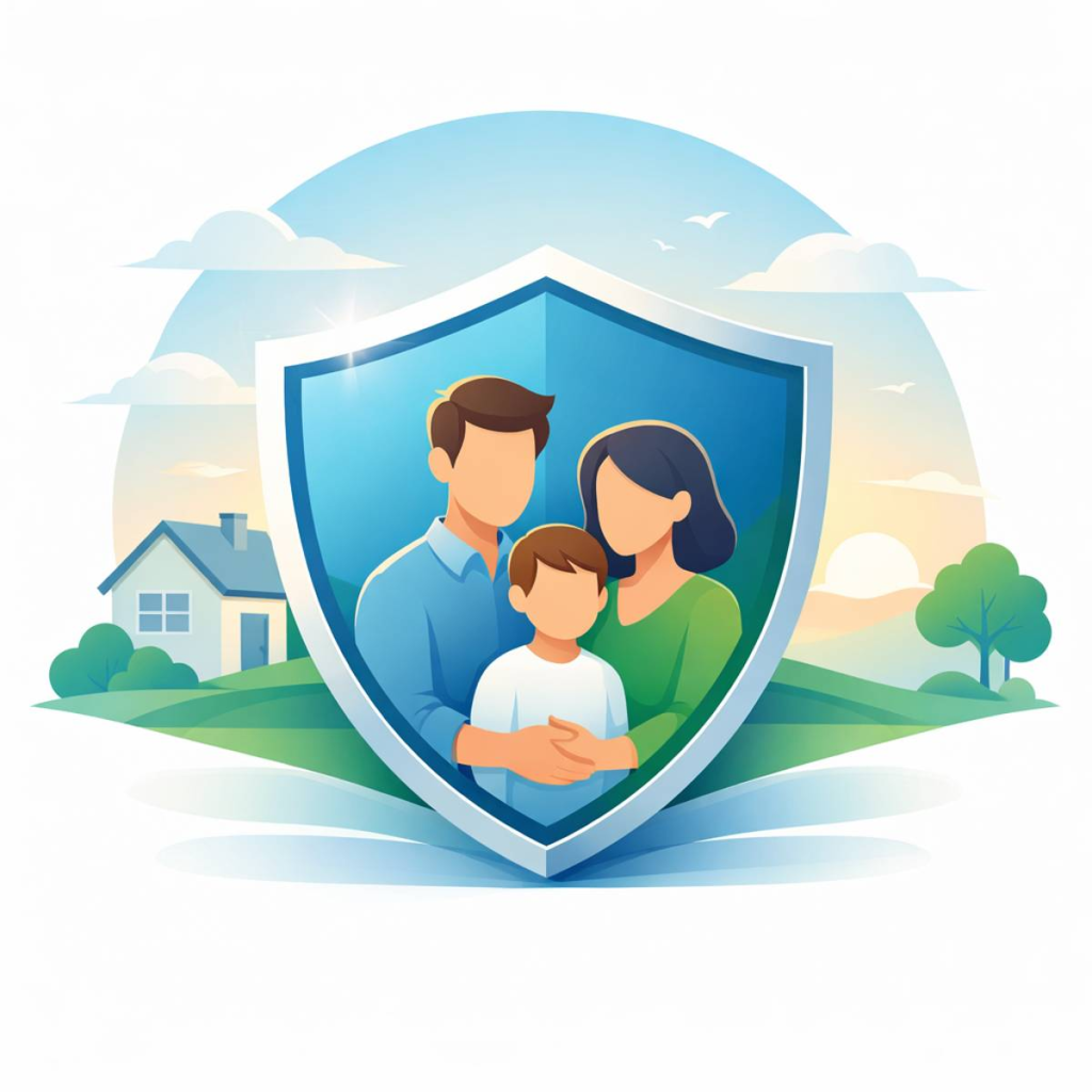 Family protected by a shield symbolizing life insurance, financial security, and long-term planning