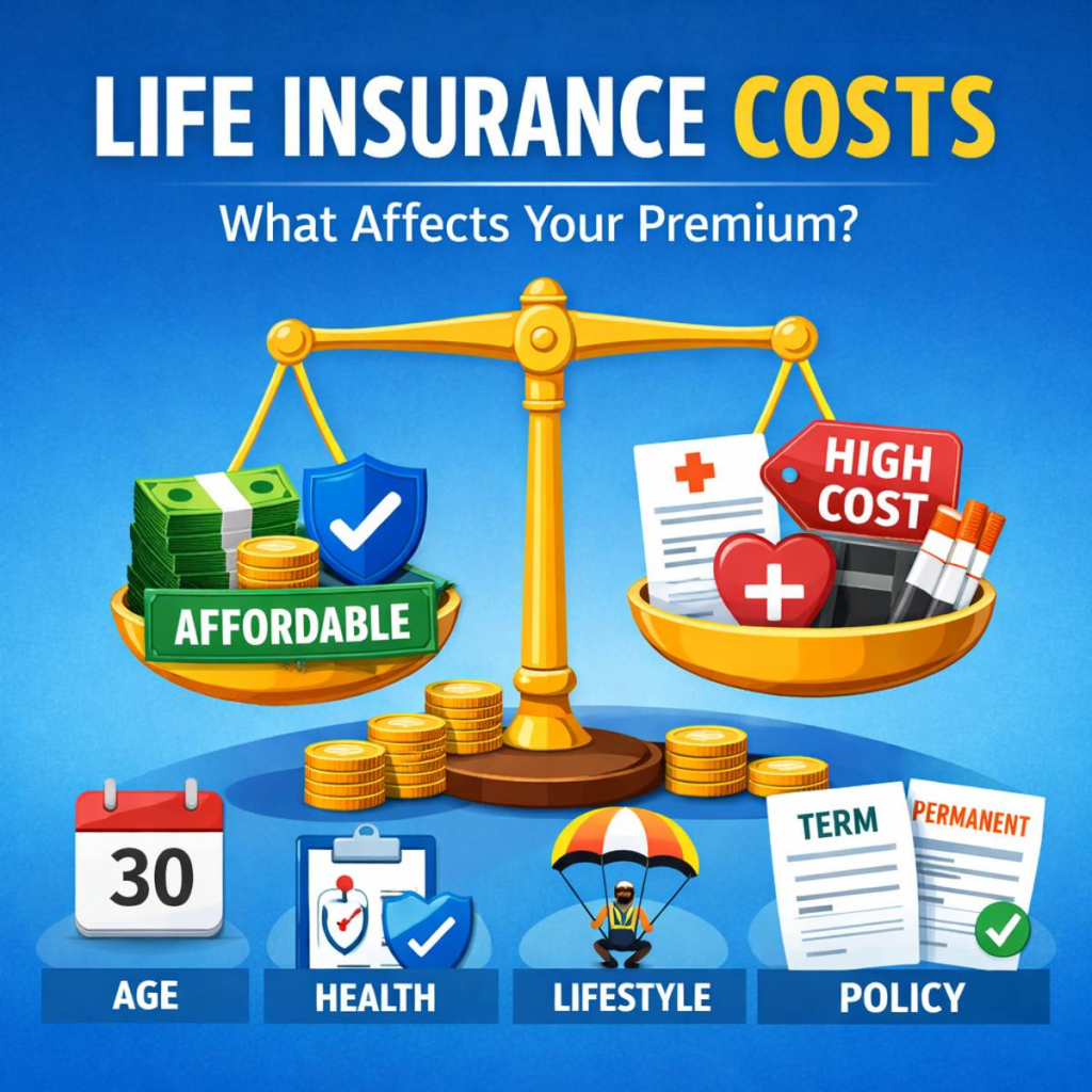 Infographic showing life insurance cost factors including age, health, lifestyle, and policy type with a balance scale comparing affordable and high cost coverage
