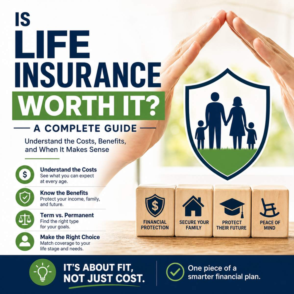 Infographic showing whether life insurance is worth it, including costs, benefits, and financial protection for families