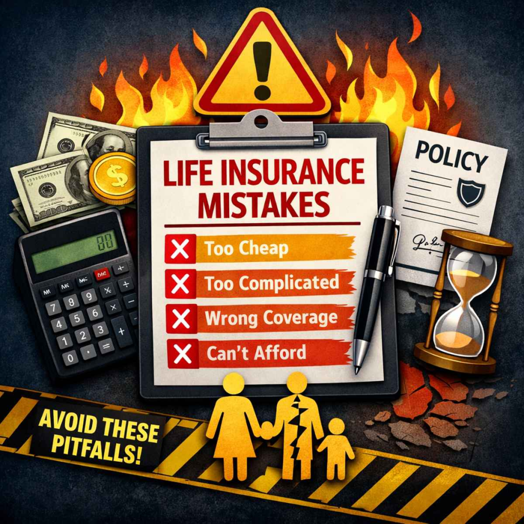 Infographic showing common life insurance mistakes including choosing cheap policies, overcomplicating decisions, wrong coverage, and unaffordable premiums
