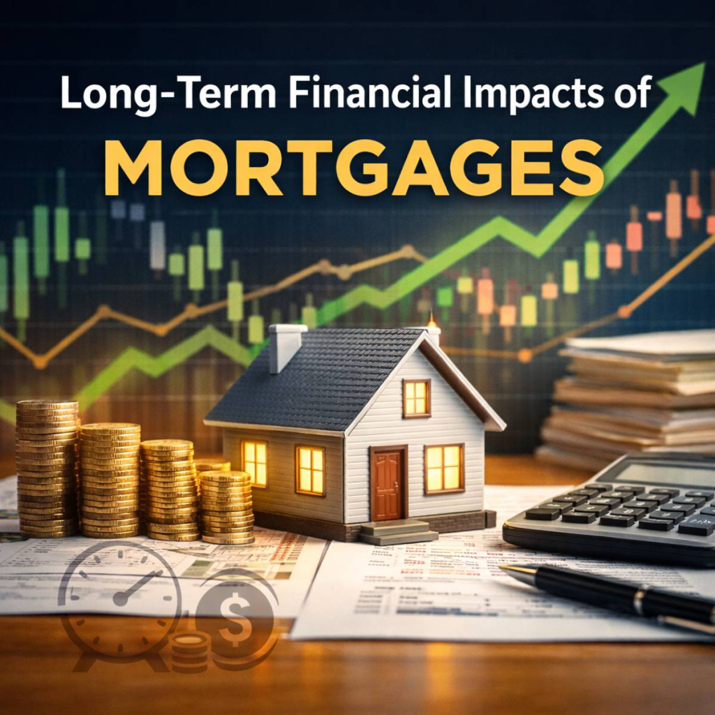 Illustration of a house model with stacked coins, calculator, and financial charts representing the long-term financial impacts of mortgages including interest, equity, and cost planning