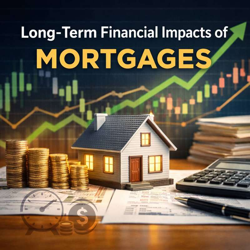Small house model with coins and financial charts illustrating mortgage interest, equity growth, and long-term cost planning