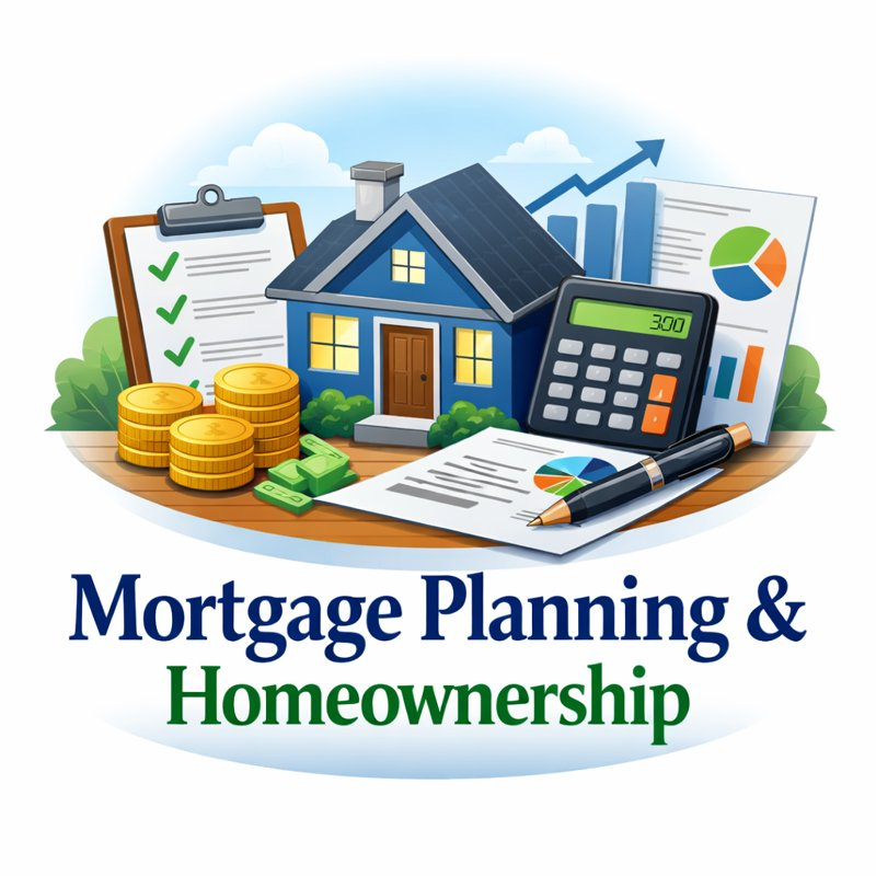 Illustration of mortgage planning and homeownership showing a house, calculator, financial charts, checklist, and money to represent home buying and financial preparation.