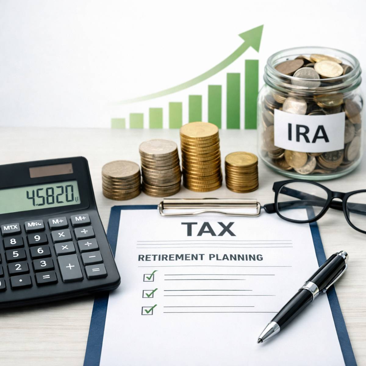 retirement tax planning illustration with calculator tax document IRA savings jar and growth chart