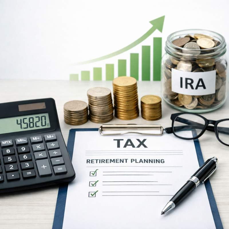 retirement tax planning illustration with calculator tax document IRA savings jar and growth chart