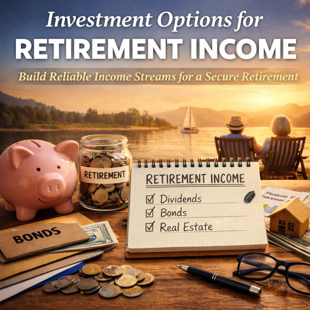 Retirement income planning concept showing investment options like dividends, bonds, and real estate for generating reliable retirement income
