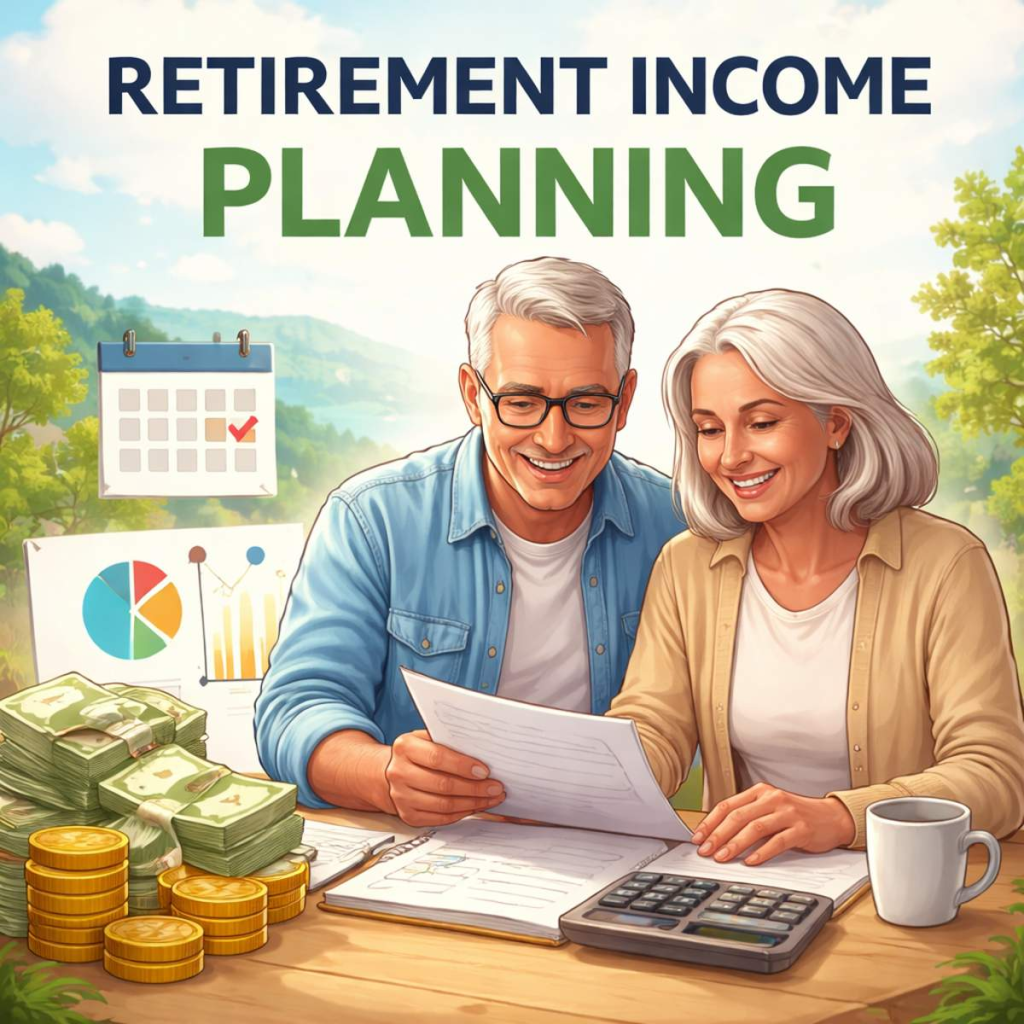 Retired couple reviewing financial documents with charts, calculator, and savings while planning retirement income strategy