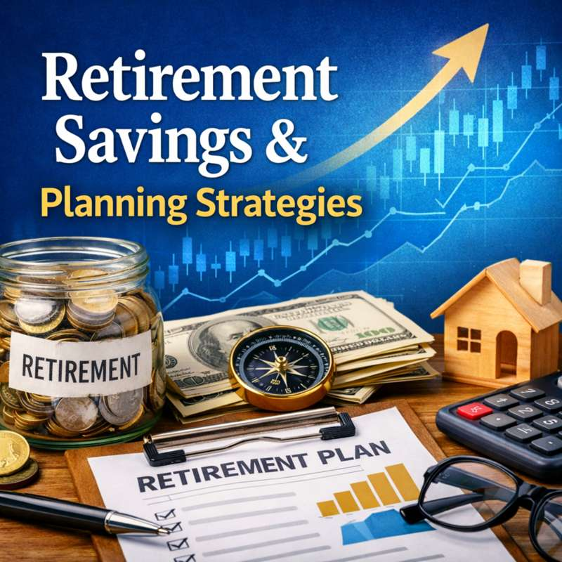 Retirement savings planning concept with coins, cash, calculator, and retirement plan document illustrating long-term financial strategy