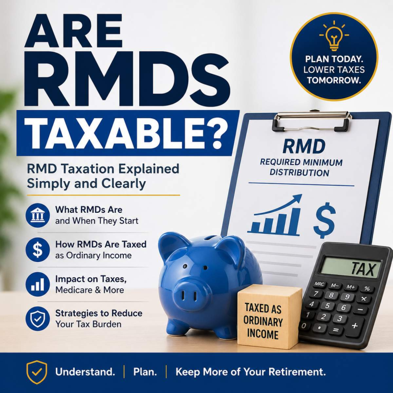 Are RMDs taxable infographic showing how required minimum distributions are taxed as ordinary income and impact retirement taxes
