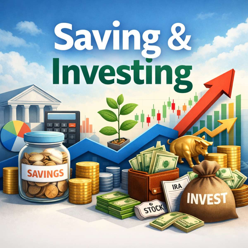 Illustration of saving and investing concepts showing coins, stock market growth chart, savings jar, and financial tools representing wealth building strategies
