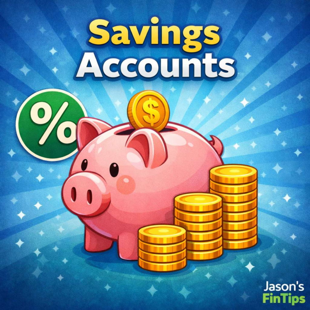 Illustration of a piggy bank with stacked coins representing different types of savings accounts and interest growth strategies