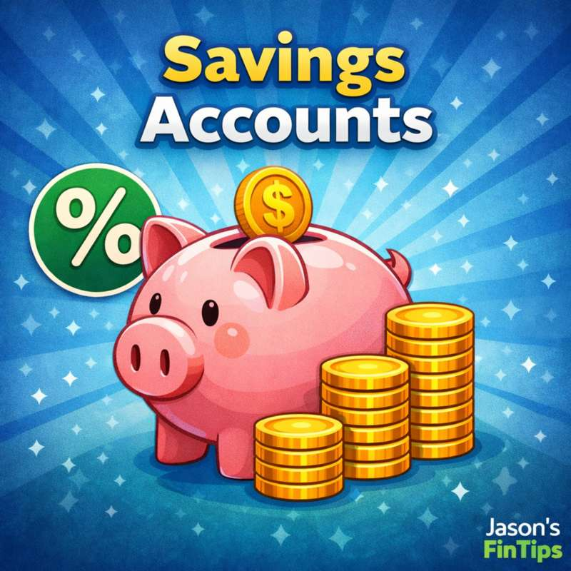 Illustration of a piggy bank with stacked coins representing different types of savings accounts and interest growth strategies