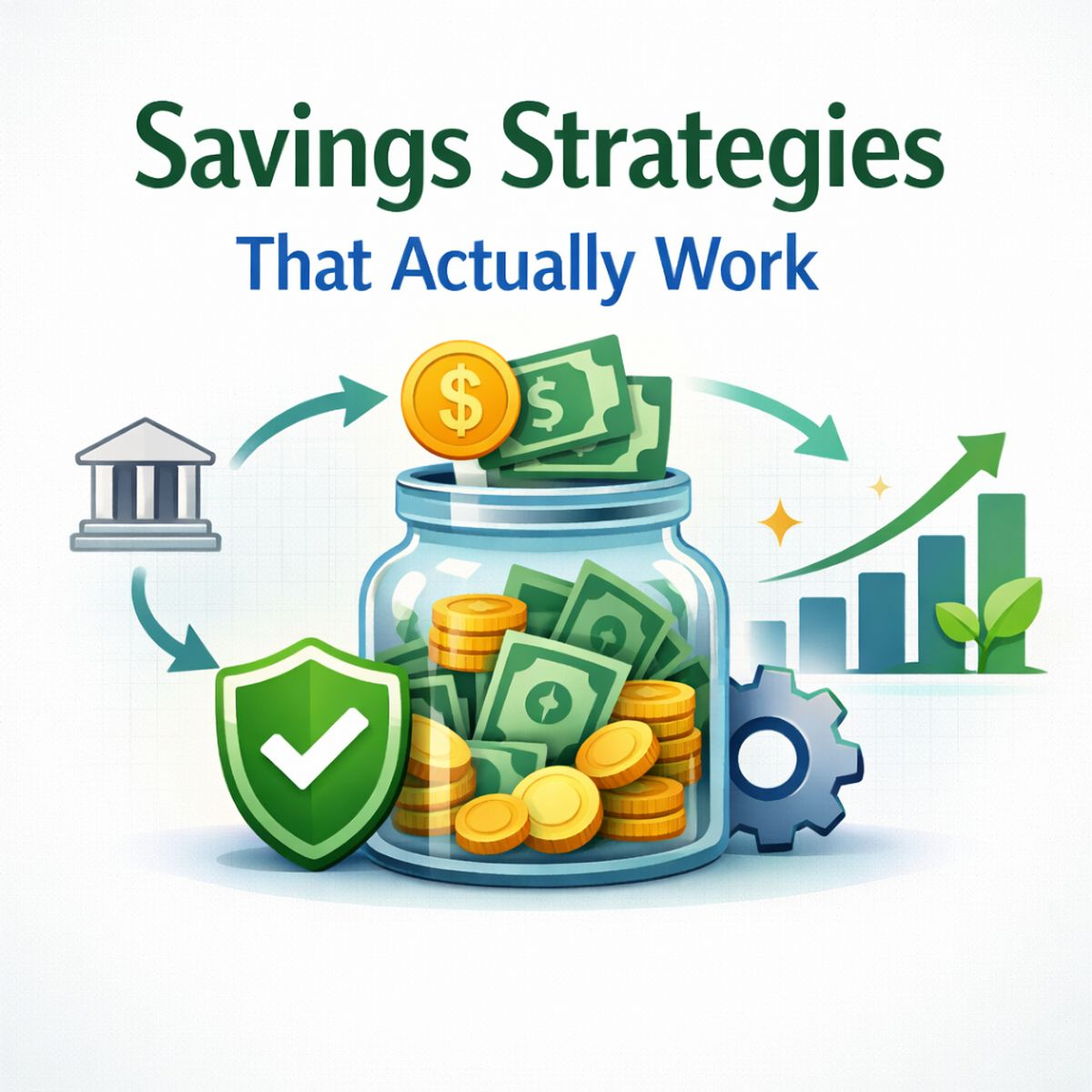 Savings strategies and techniques illustration showing automated saving system and financial growth concepts