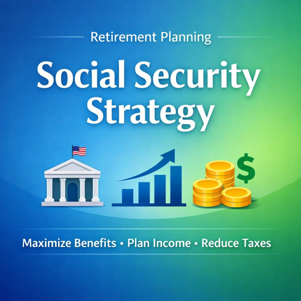 Social Security strategy and retirement income planning concept with icons representing benefits, financial growth, and income security