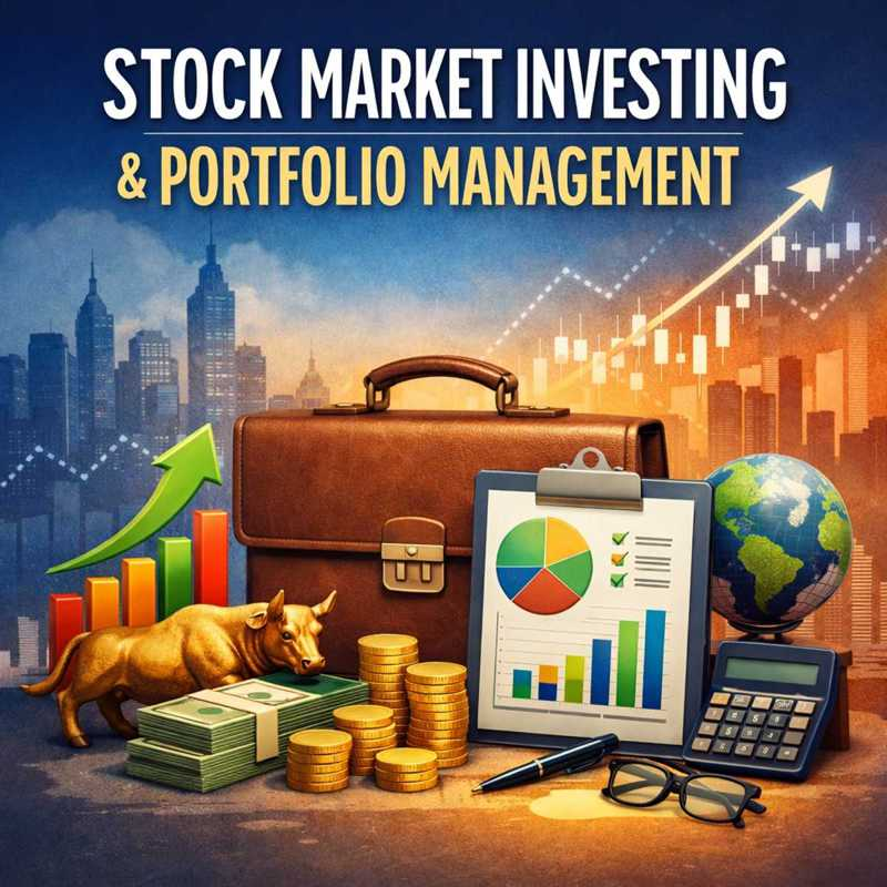 Stock market investing and portfolio management illustration with charts, assets, and growth trend