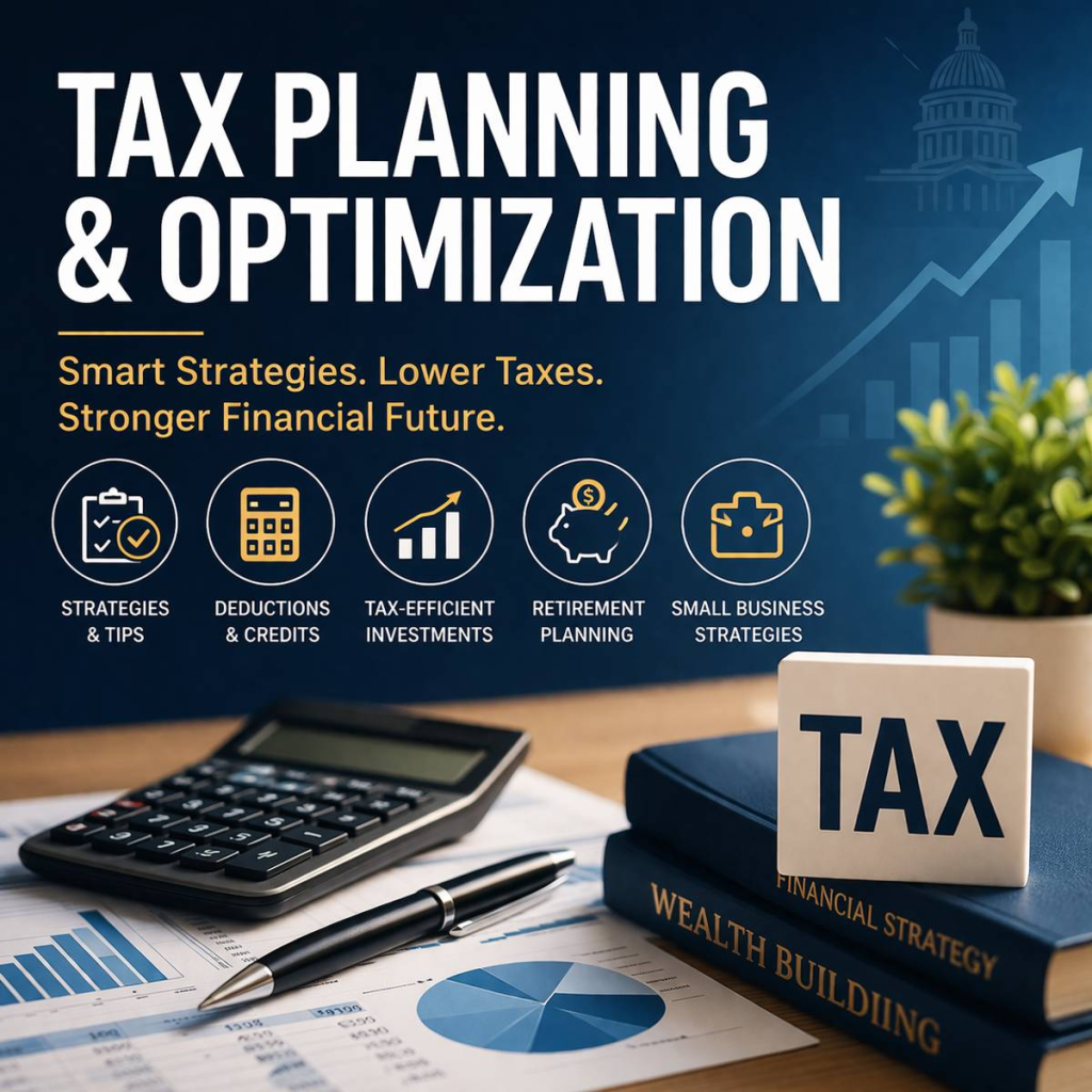 Tax planning and optimization concept with calculator, financial charts, and strategies for reducing taxes and improving financial outcomes