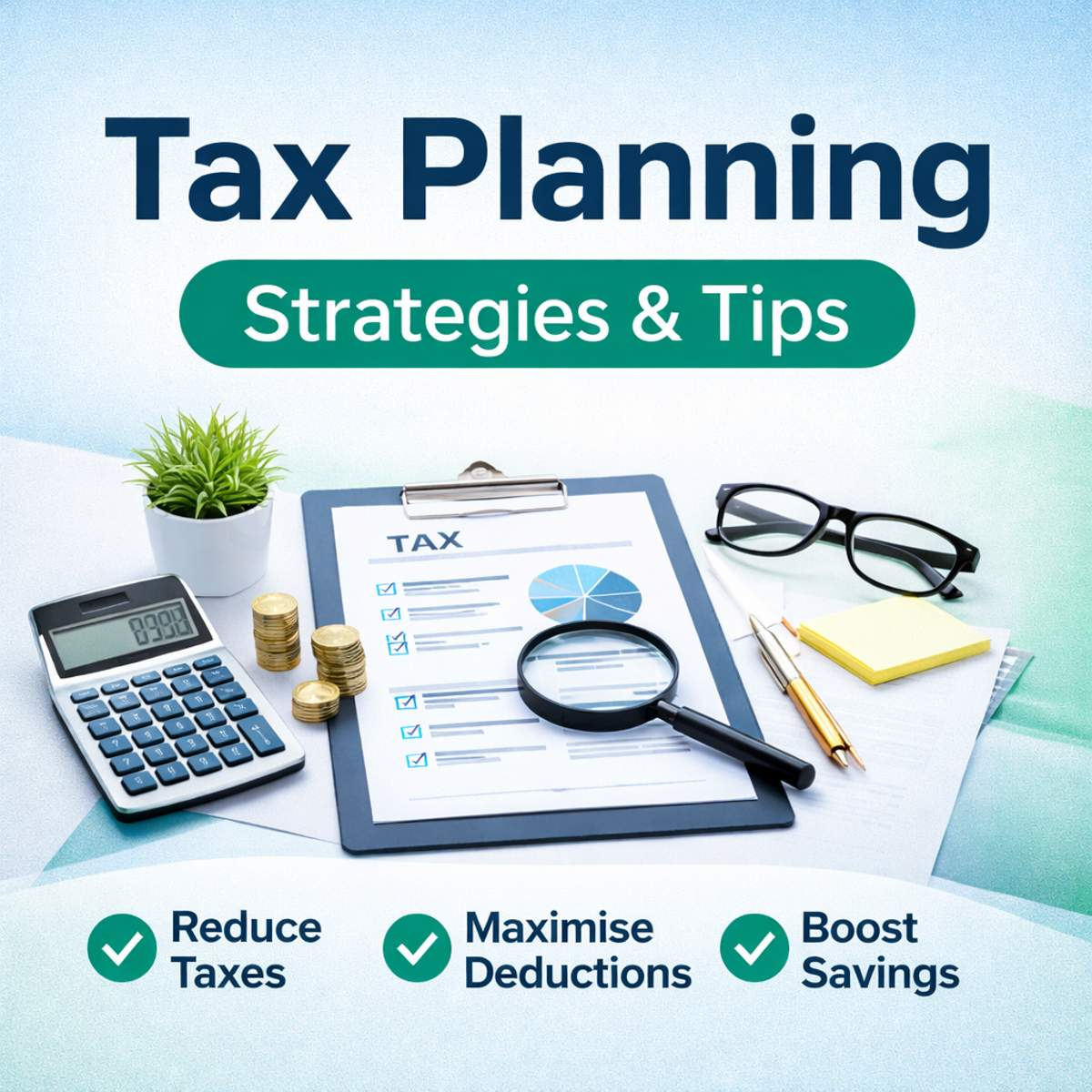 Illustration of tax planning strategies showing a calculator, tax document, coins, and checklist with concepts for reducing taxes, maximizing deductions, and increasing savings.