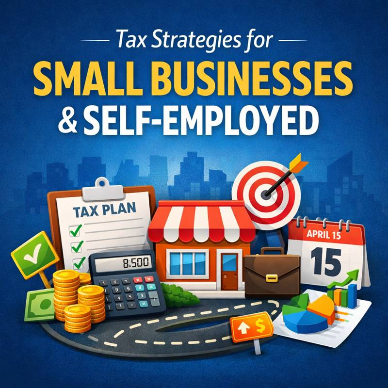 Tax planning illustration for small businesses and self-employed individuals with calculator, checklist, storefront, and financial charts