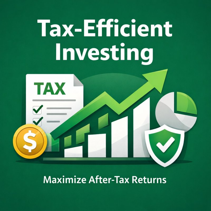 Tax-efficient investing graphic showing growth chart, tax planning, and portfolio optimization