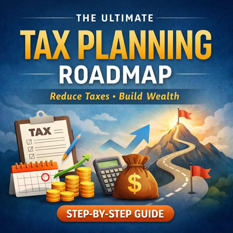 Tax planning roadmap illustration showing financial growth, tax checklist, calendar, calculator, and wealth-building path