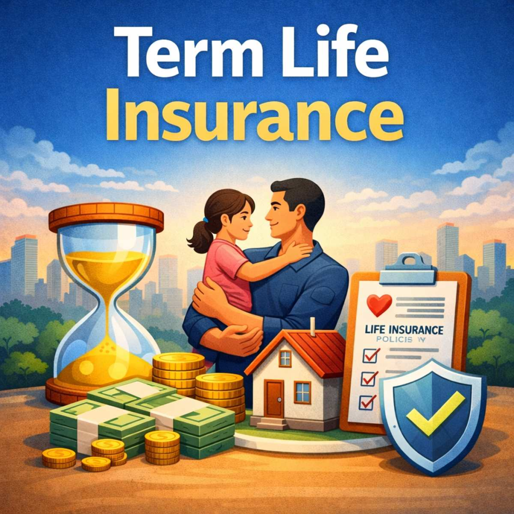Illustration of term life insurance showing a family, hourglass, and financial protection symbols representing temporary coverage and income security