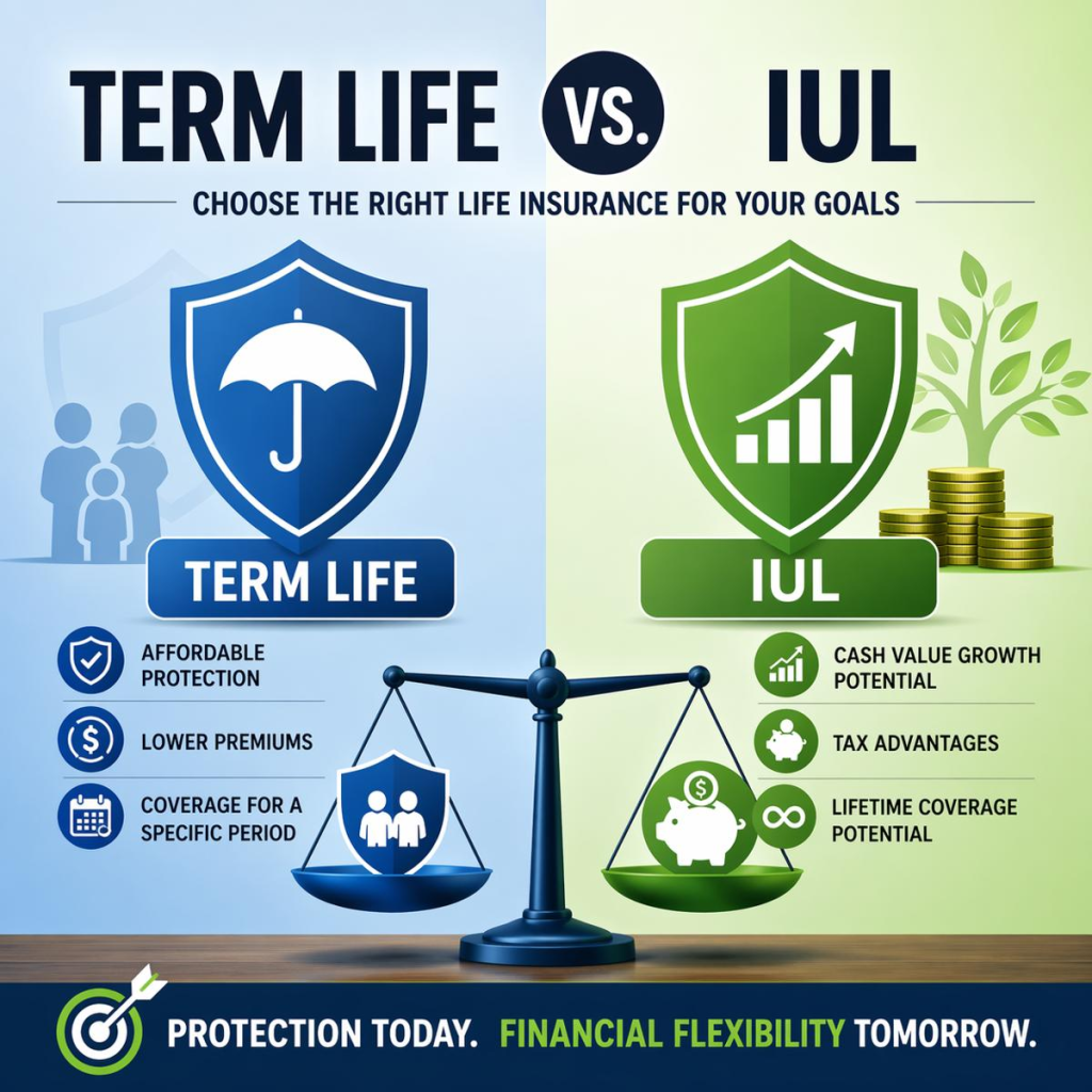 Infographic comparing term life insurance and indexed universal life (IUL), highlighting protection, cost differences, and financial growth features.