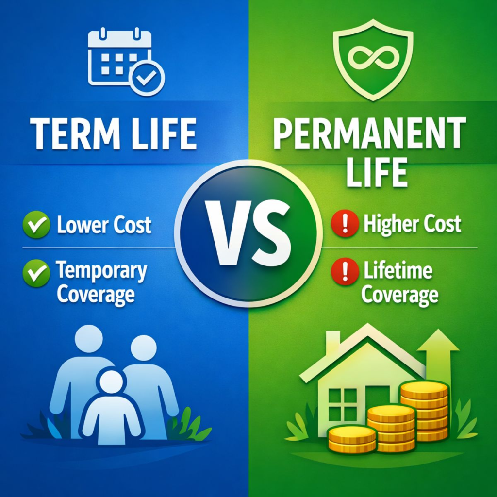 Comparison graphic of term life vs permanent life insurance showing temporary coverage and lower cost versus lifetime coverage and higher cost