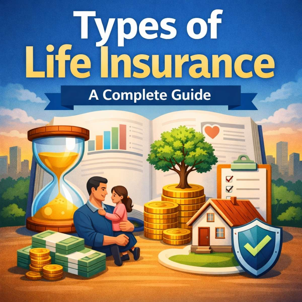 Illustration showing types of life insurance including term and permanent policies with symbols for family protection, savings, and financial planning
